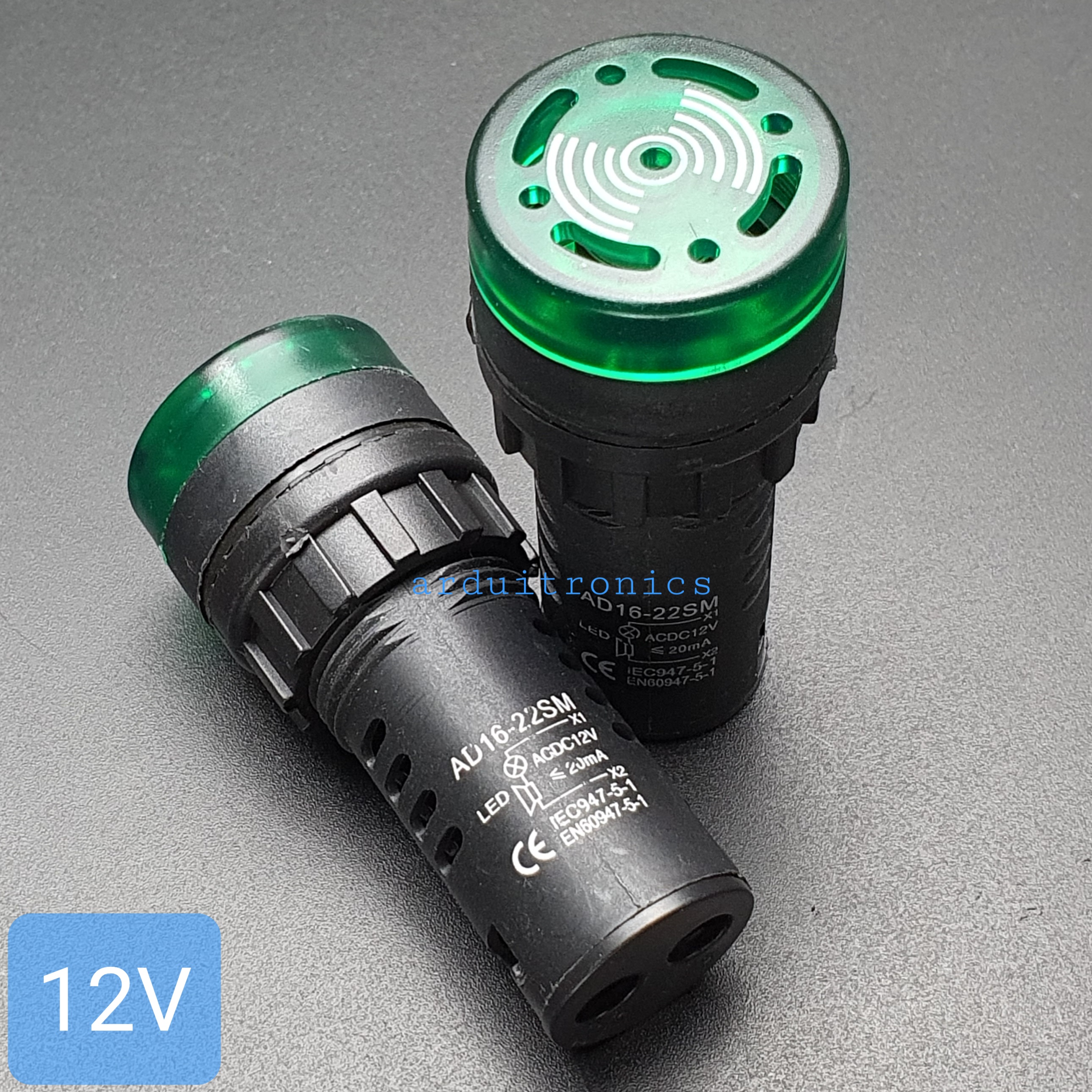 ไฟสีเขียว Buzzer LED Alert 12V เสียงและแสงสัญญาณเตือนภัย ออดไฟฟ้า 22mm
