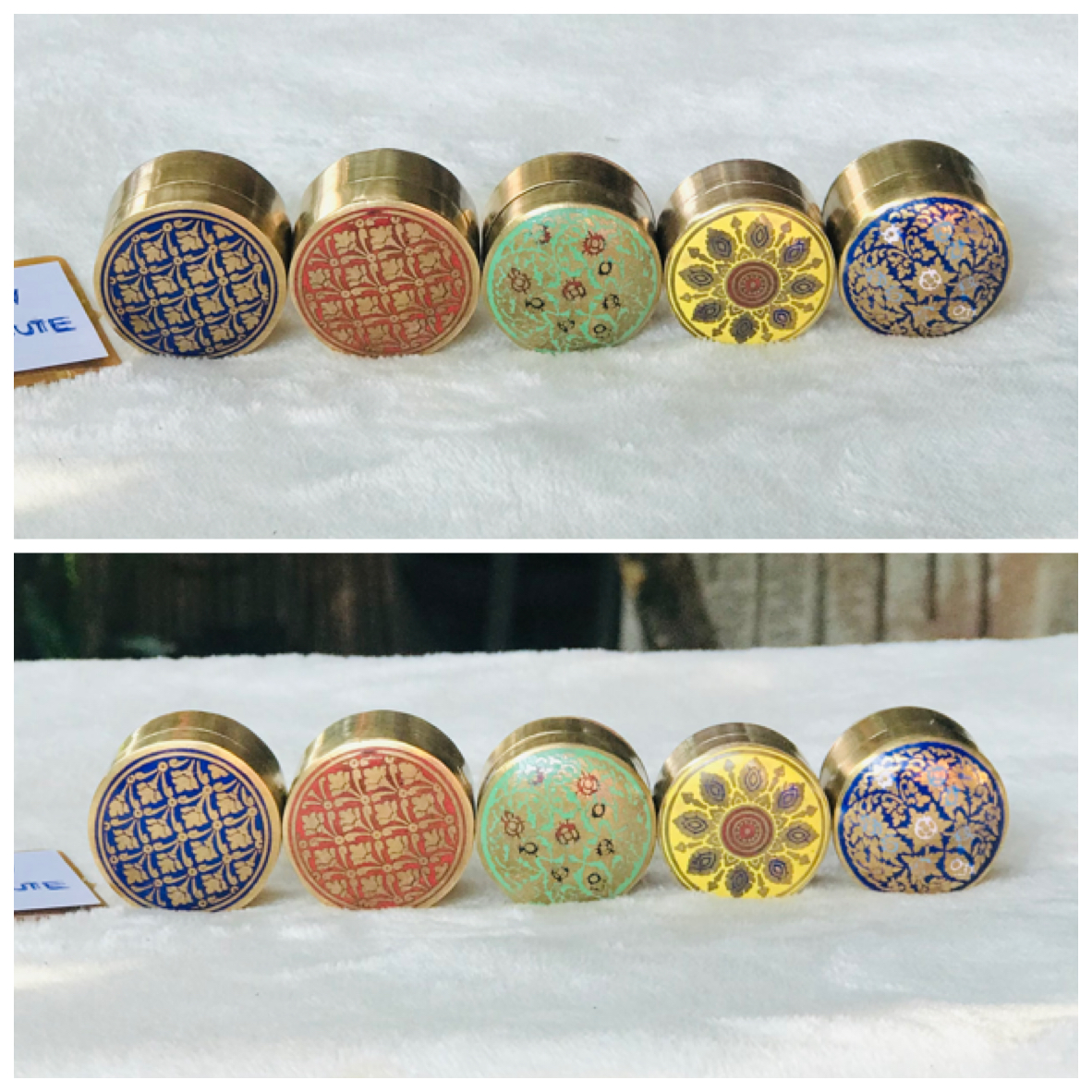 ราคาเริ่มต้นชุดละ 1,090 บาท Antique Brass ชุด 2 ชิ้น/ 4 ชิ้น งานทองเหลืองเก่า ตลับทองเหลืองลงยา ตลับขี้ผึ้งทองเหลืองลงยา ใส่ของมงคล มวลสาร