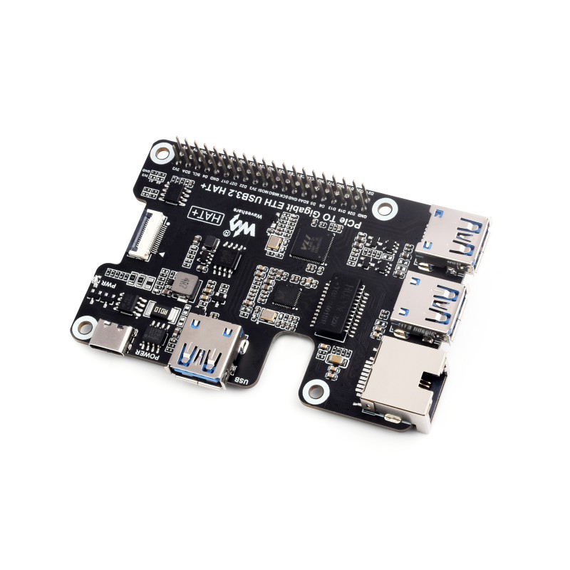 PCIe To Gigabit Ethernet And USB 3.2 Gen1 HAT For Raspberry Pi 5, 3x USB 3.2 Gen1, 1x Gigabit Ethernet, Driver-Free, Plug And Play, Raspberry Pi 5 PCIe HAT (แท้จาก WaveShare)