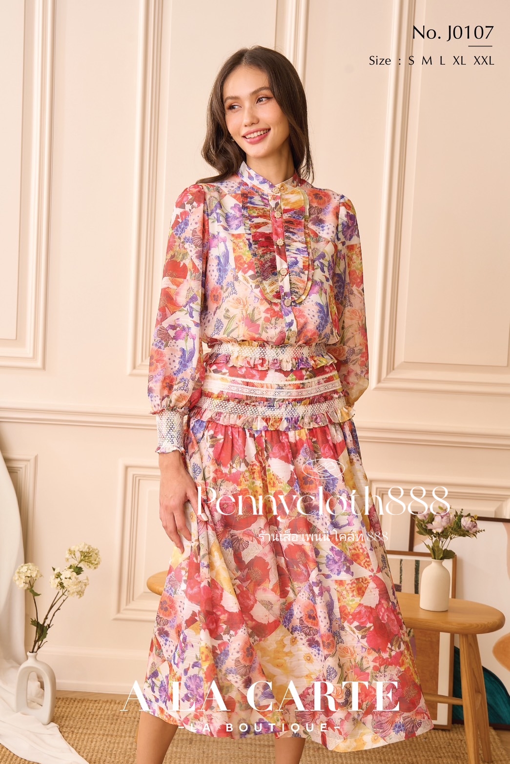 J0107 ชุดเซท A La Carte เสื้อเชิ้ตผ้าชีฟองซิลด์พิมพ์ลาย กระดุมหน้า แขนยาว กระโปรงมีซิปหลัง มีซับใน