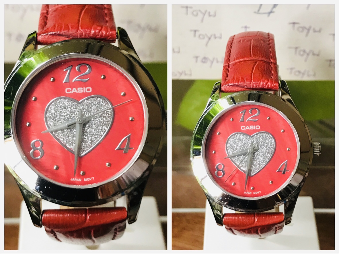 เก็บเก่า ต้องเปลี่ยนสาย นาฬิกาข้อมือผู้หญิง นาฬิกาหน้าปัดสีแดง CASIO รุ่น LTF-123 พื้นหน้าปัดเป็นเปลือกหอยมุก