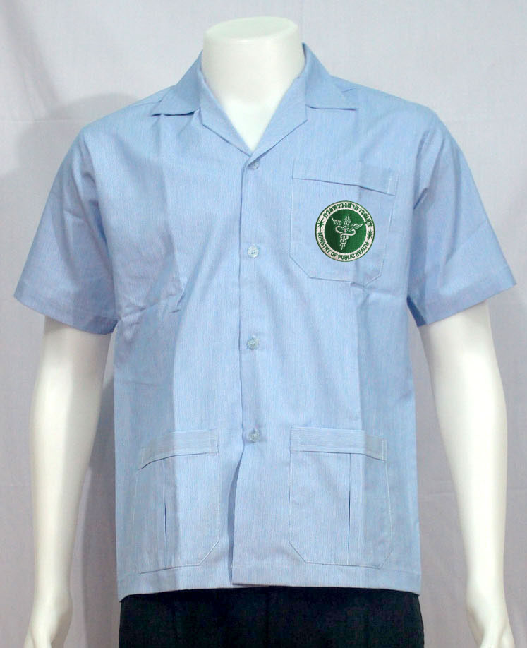 เสื้อริ้วฟ้าขาว คอฮาวาย ปักกระทรวงสาธารณสุข ผู้ชาย