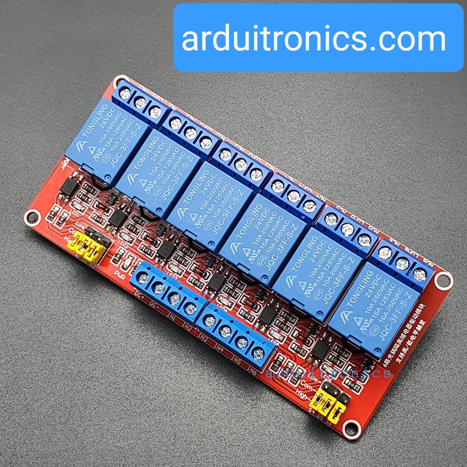 6 Channel Relay Module High/Low Level Trigger (24V) - Red PCB