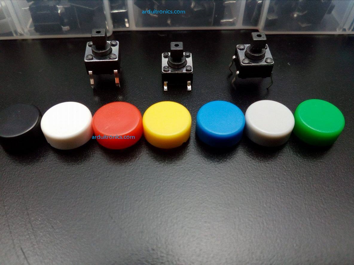 Square Head Touch Switch (6x6x7.3mm) with A44 Round Flat Button Cap (มาพร้อมกล่องพลาสติกใส)