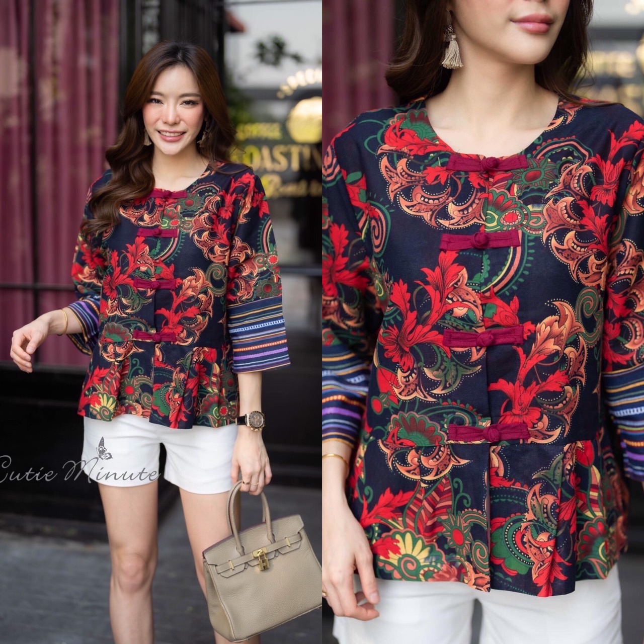 P8835 เสื้อตรุษจีนลินินฝ้ายเกาหลี ผ้าฝ้ายพิมพ์ลาย ตัดขอบที่แขนเสื้อแต่งด้วยผ้าลายหลากสี แต่งกระดุมจีน ใส่เป็นเสื้อคลุม หรือใส่เดี่ยว อก 44 นิ้ว สีกรม