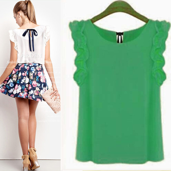 Pre-Order เสื้อชีฟองแขนกุด มีระบาย ผูกโบว์ที่ต้นคอ มี 4 สี