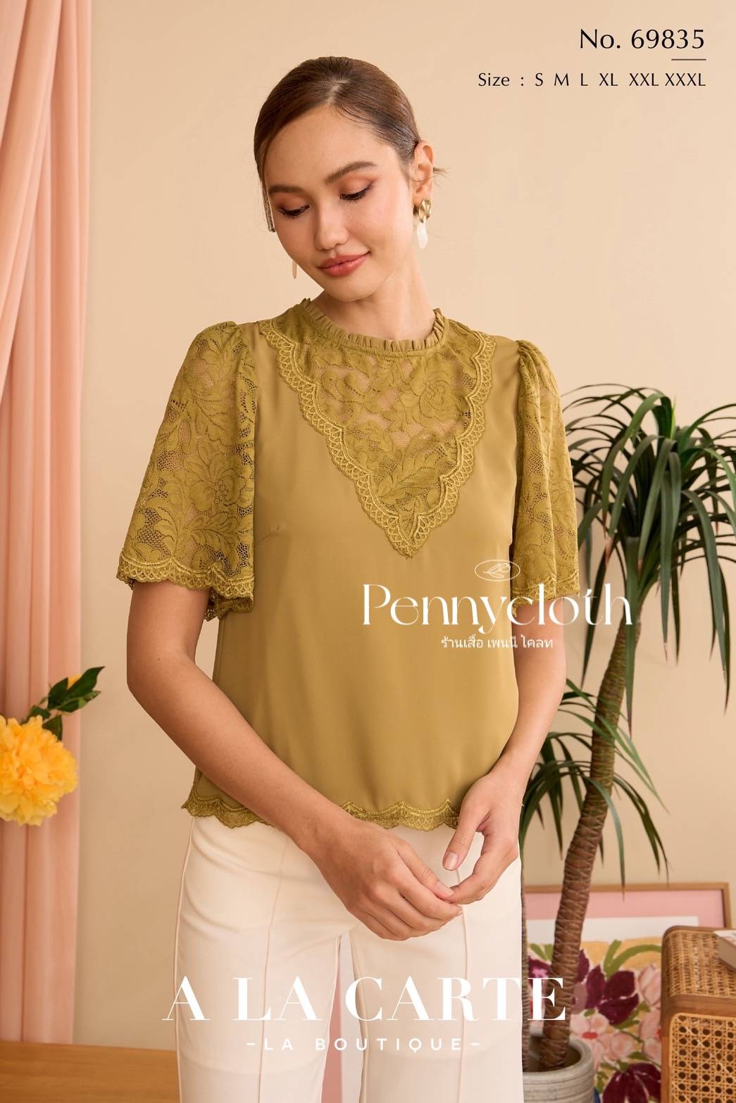 69835 เสื้อชีฟอง แต่งลูกไม้ช่วงอก แขน และชายเสื้อ มีซับใน by PENNY CLOTH