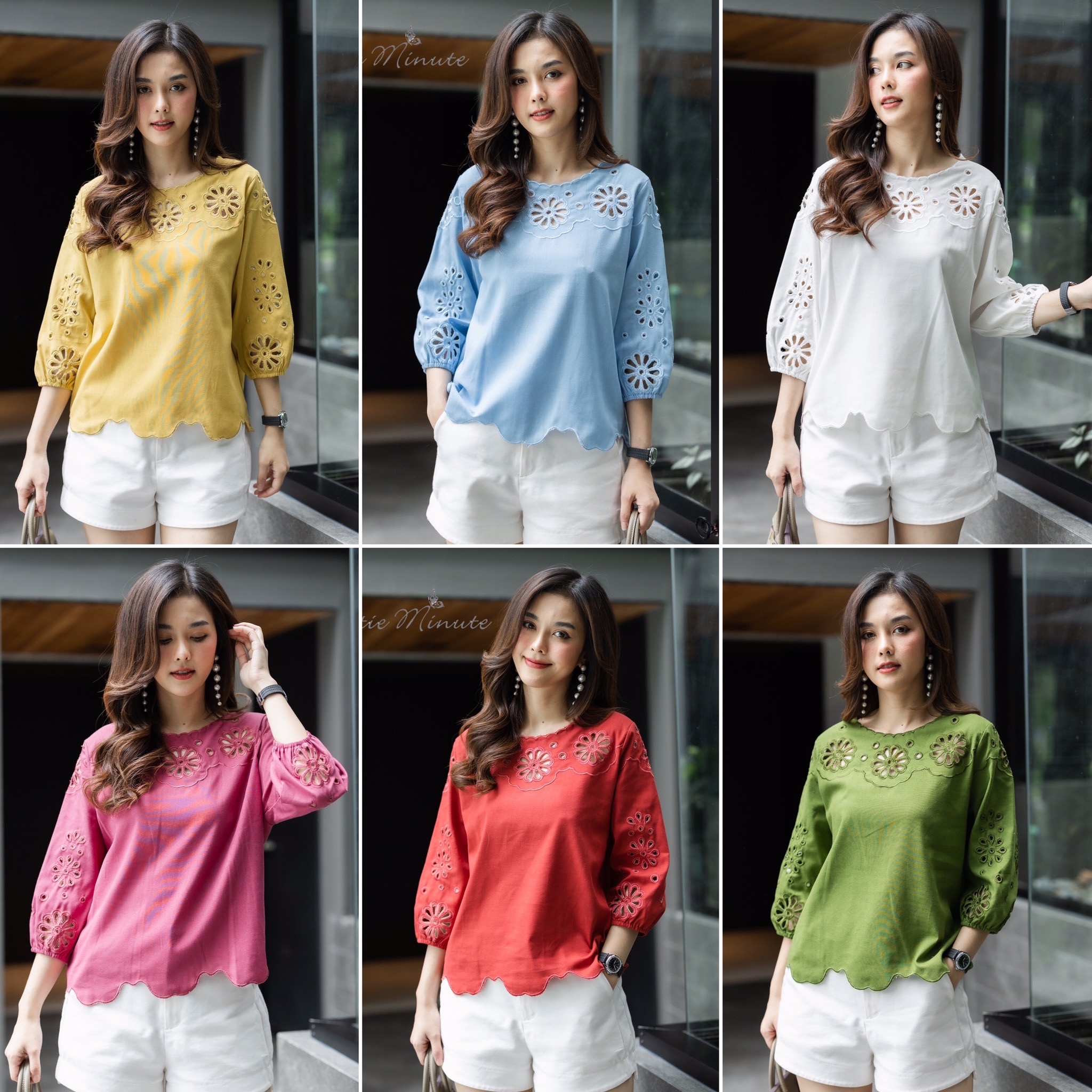 P0246 เสื้อลินินฝ้าย เนื้อผ้าขึ้นลาย มีความนุ่ม งานปักดอกไม้เจาะฉลุ ขอบแขนใส่ยางยืด ยืดได้เยอะค่ะ ขนาดอก ฟรีไซส์ 44" สีฟ้า สีขาว สีเหลือง สีชมพู สีแดง สีเขียว