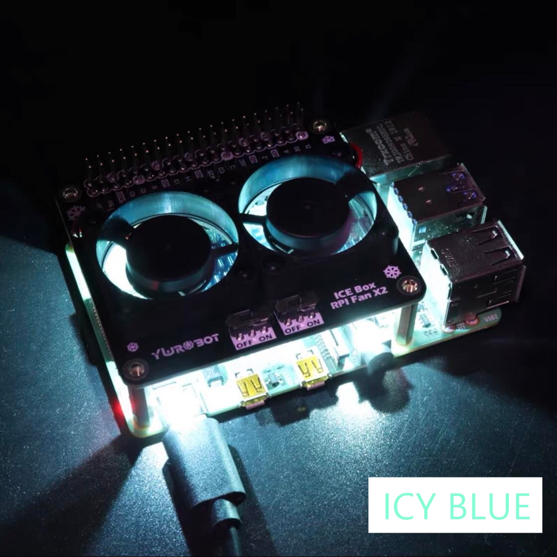Raspberry Pi 4B/3B+ Heat Sink Dual Fan with GPIO + on-board LED (Icy Blue)