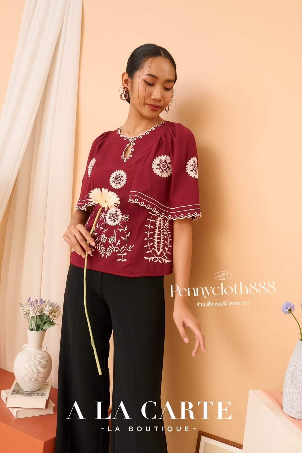 69584 เสื้อ Alacarte จอร์เจียแขนสั้น งานปัก มีซับใน สีกรม สีแดง สีน้ำตาล
