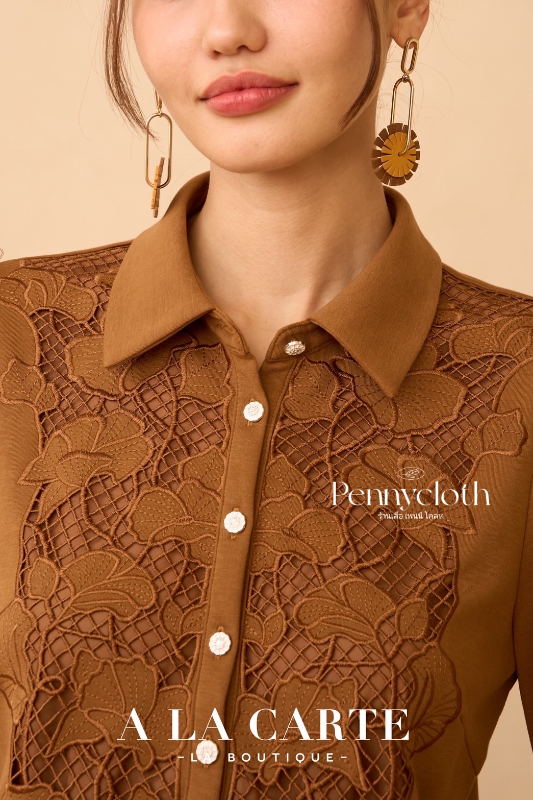 69969 เสื้อยืด A La Carte คอปกโปโล แขนสั้น งานปักฉลุ by PENNY CLOTH อก 38-46"