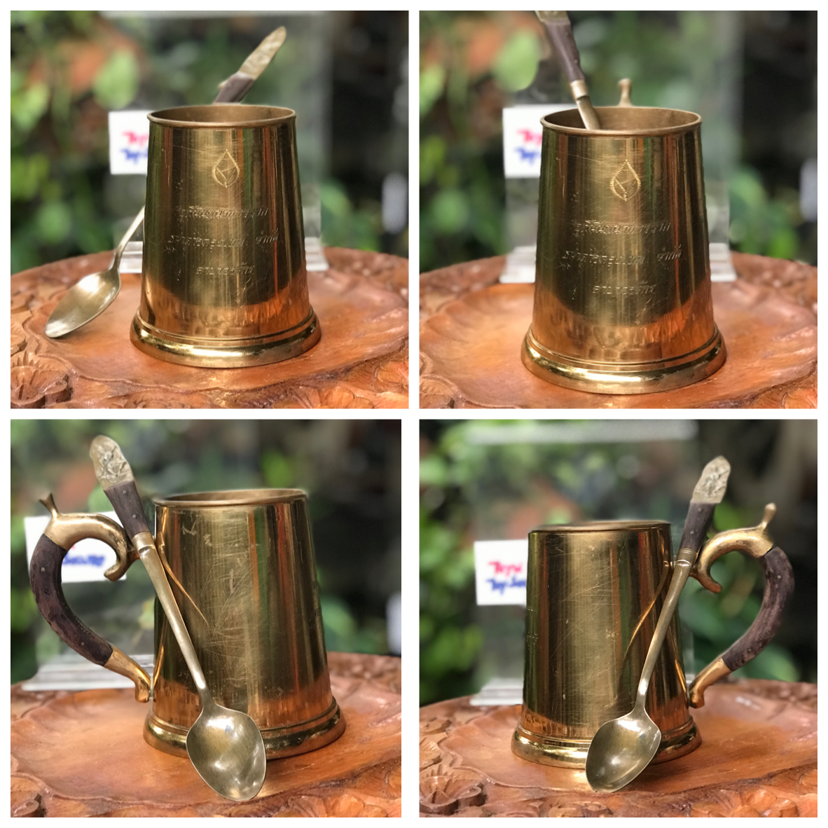 งานทองเหลืองเก่าหนาๆ แก้วน้ำ แก้วมัค แก้วกาแฟ มีหูจับ ด้ามไม้ พร้อมช้อนยาวลายนางฟ้า ด้ามไม้ ที่ระลึกธนาคารกรุงเทพ