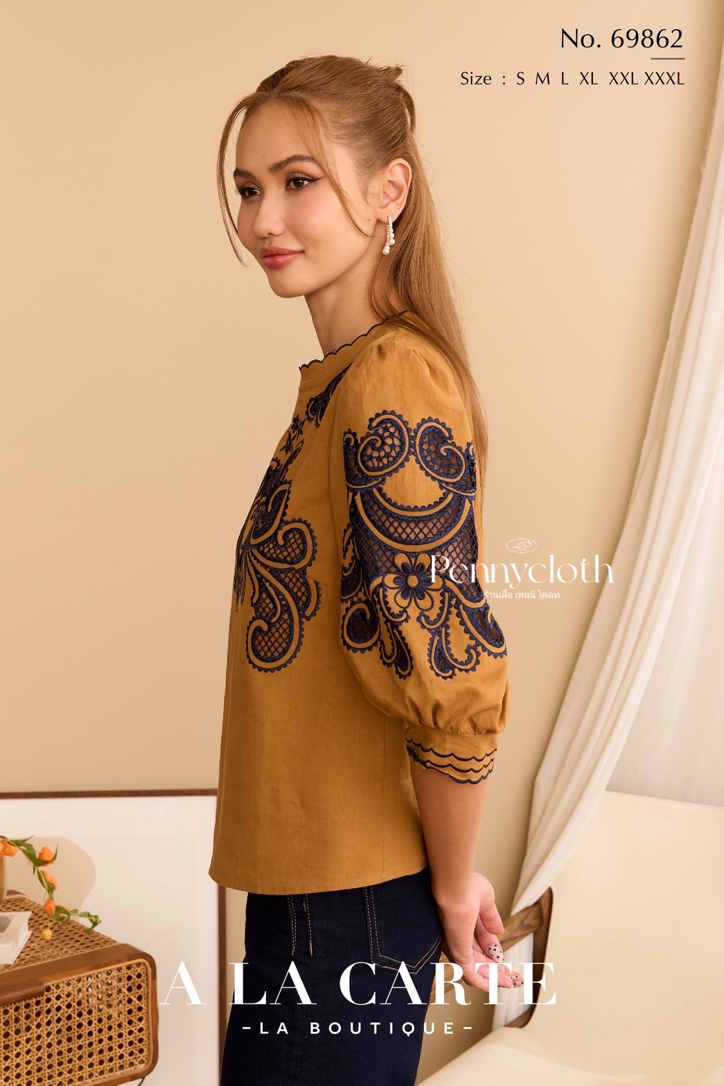 69862 เสื้อ A La Carte ลินินผสมคอตตอน งานปักฉลุ มีซับ เนื้อดีใส่สบาย by PENNY CLOTH