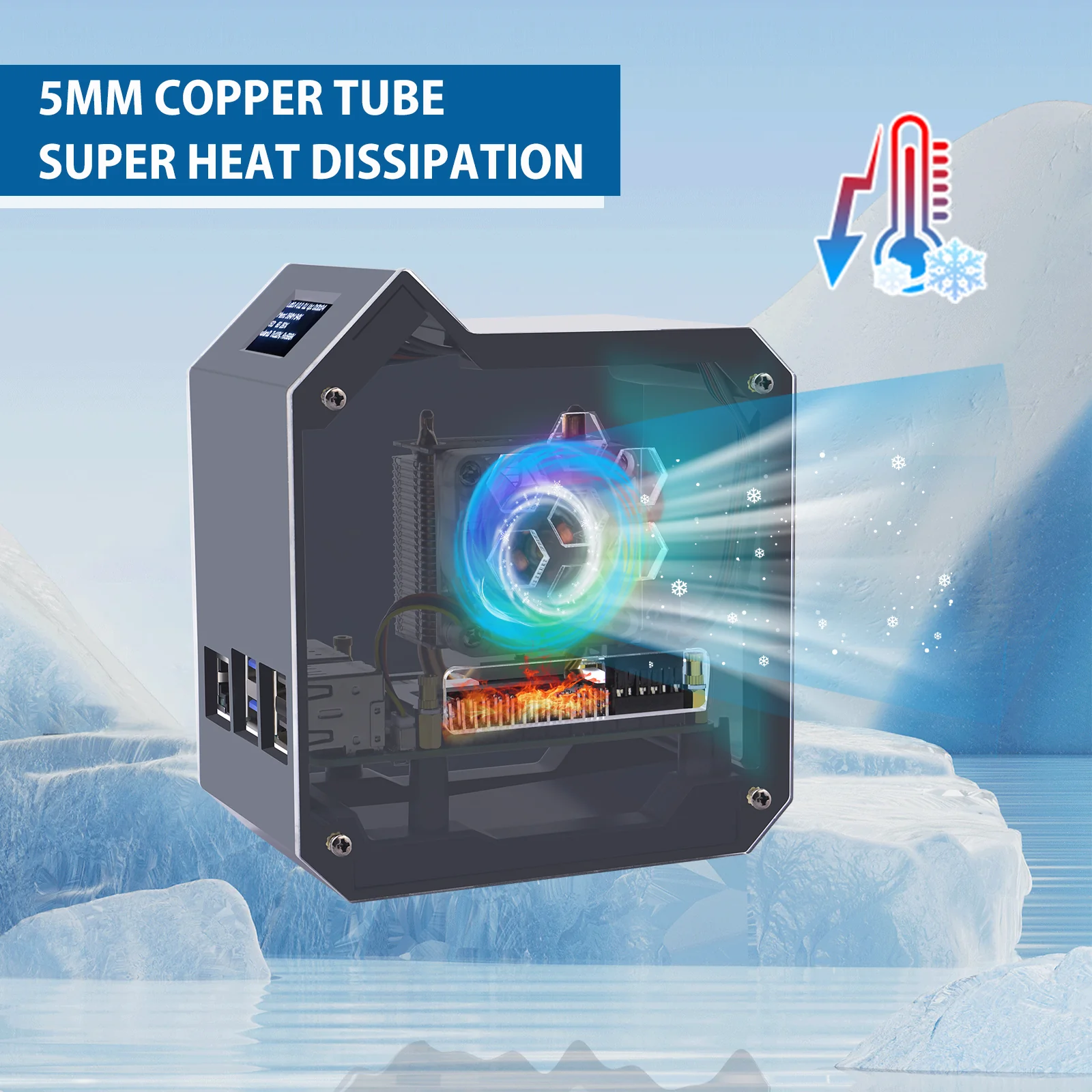 52Pi ABS Mini Tower Kit Black Enclosure Case for Raspberry Pi 5 with Ice Tower Cooler OLED