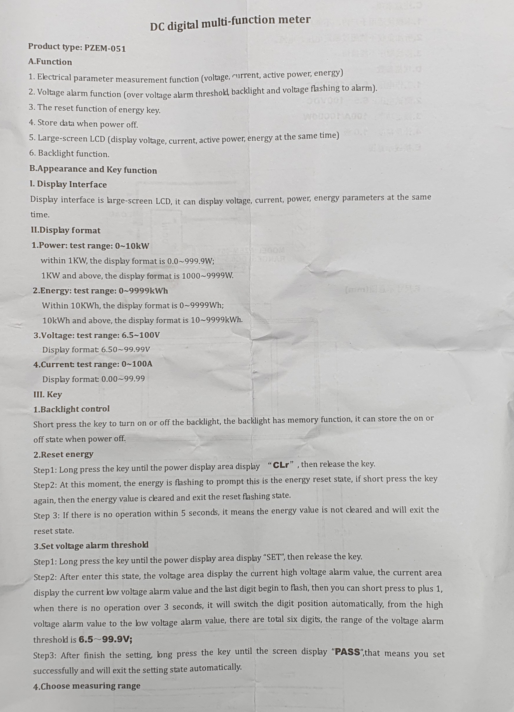 PZEM-051 DC V-A Panel Meter รุ่น PZEM-051-DC-100A (0-100A, 6.5-100V)