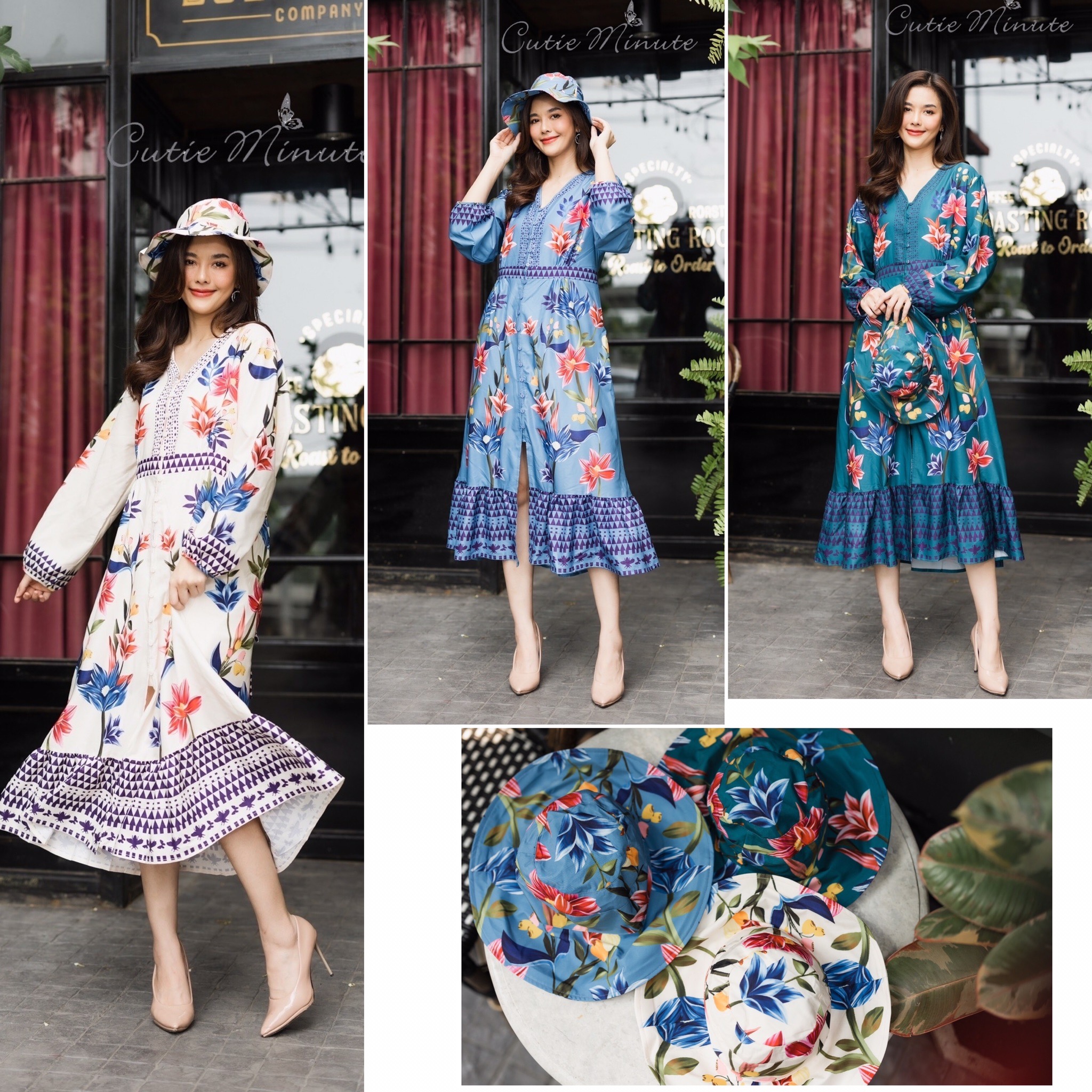 P0456👗 Maxi+Hat เดรสผ้าเกาหลี เนื้อผ้าเนียนสวยลายพิมพ์ดอกไม้ มีเชือกผูกปรับได้ ชุดสวย ใส่สบาย **Hat ทรงสวยรับเข้ากับศีรษะ ใส่แล้วหน้าดูเรียวยาว ใส่ได้2ด้าน อก 44 นิ้ว ยาว 50 นิ้ว 👗สี ขาว ฟ้า เขียวทะเล
