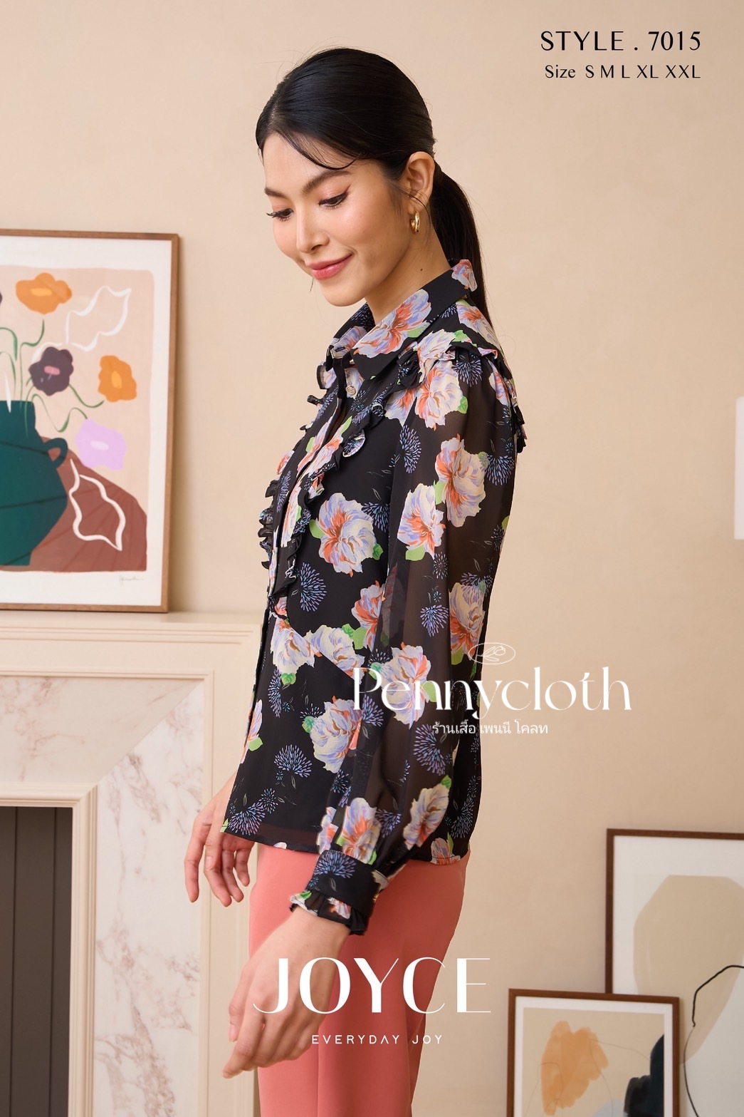 7015 เสื้อเชิ้ต Joyce ชีฟองพิมพ์ลาย แต่งระบาย มีกระดุมหน้า ซับใน แขนยาว by PENNY CLOTH