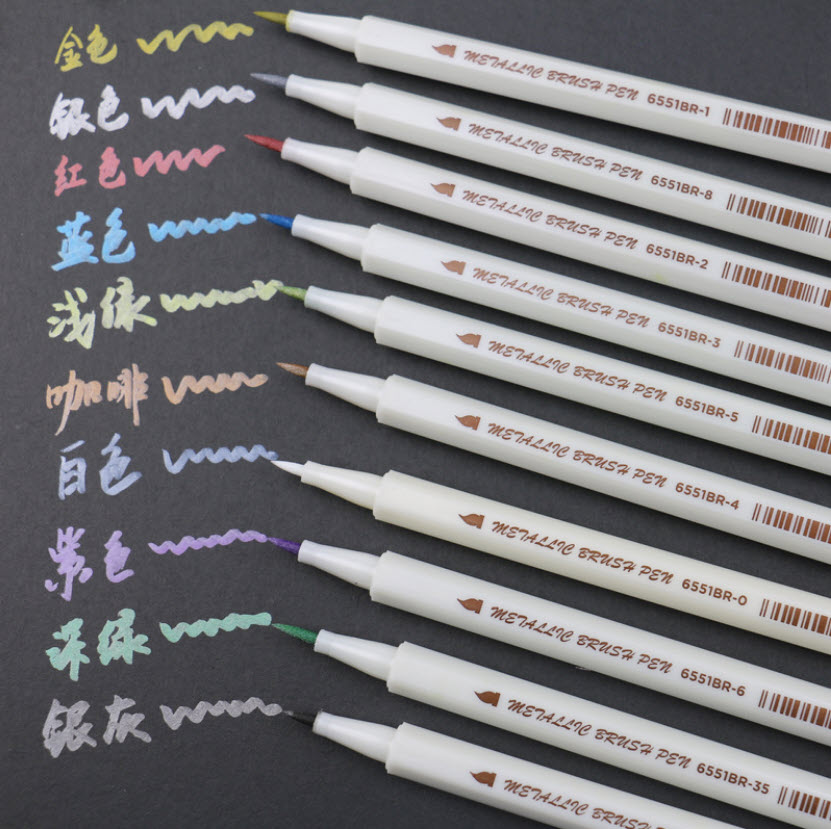 Ohmynote ปากกาหัวพู่กัน สีเมทัลลิค STA สำหรับคัดตัวจีน Calligraphy ระบายสี ไว้เขียนบนพื้นผิวต่างๆ แก้ว พลาสติก ไม้ (ส่งจากไทย)