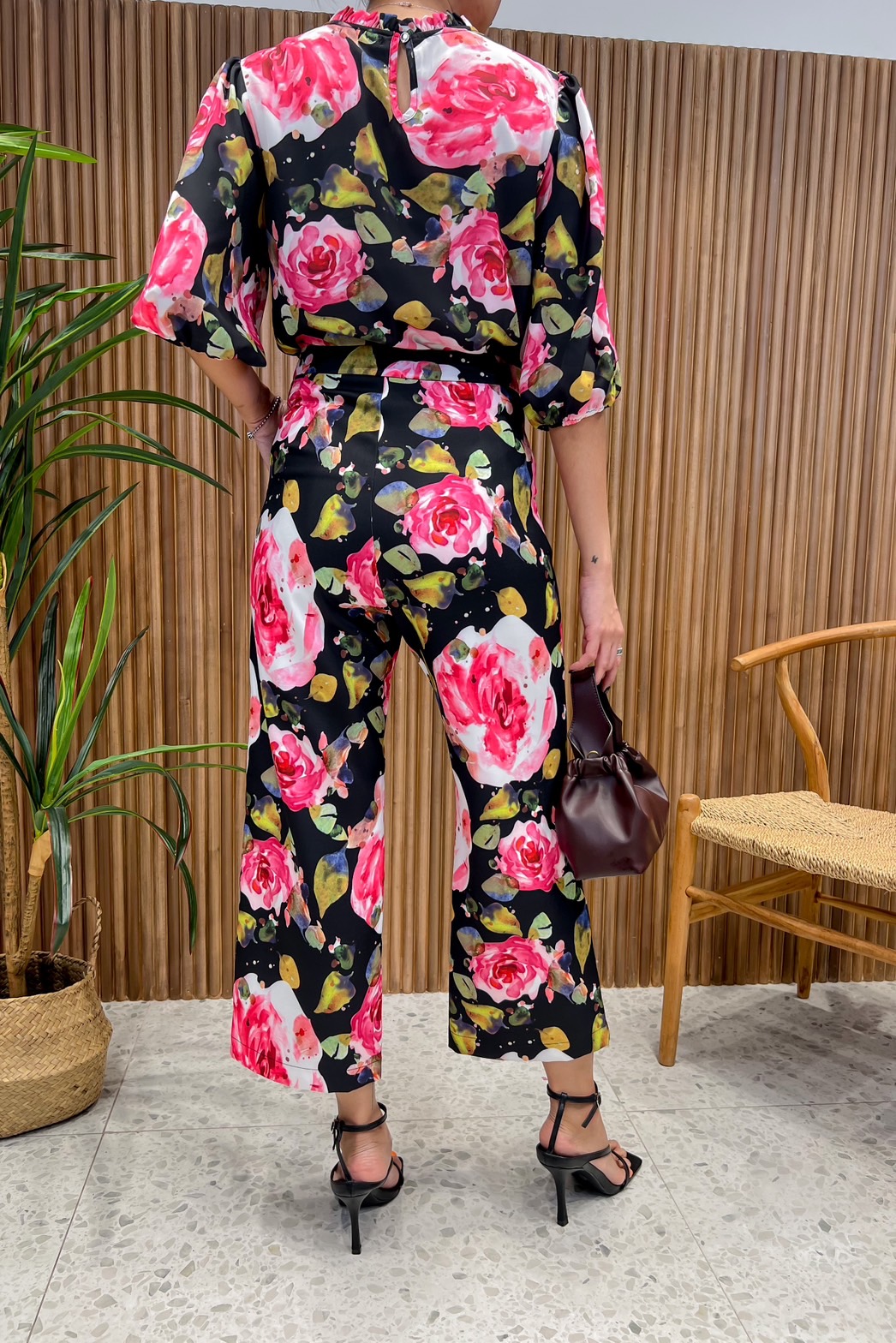JS0059B 👛🌹A la carte🛍ชุดเซทเสื้อจอร์เจีย กางเกงพิมพ์ลาย ใส่สบาย แขน 3 ส่วน กางเกง5 ส่วนทรงกระบอก 🍀สีม่วง XL