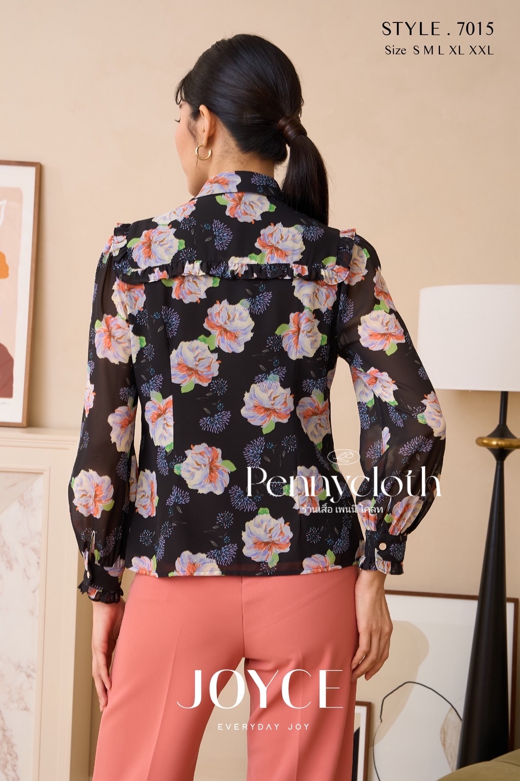 7015 เสื้อเชิ้ต Joyce ชีฟองพิมพ์ลาย แต่งระบาย มีกระดุมหน้า ซับใน แขนยาว by PENNY CLOTH