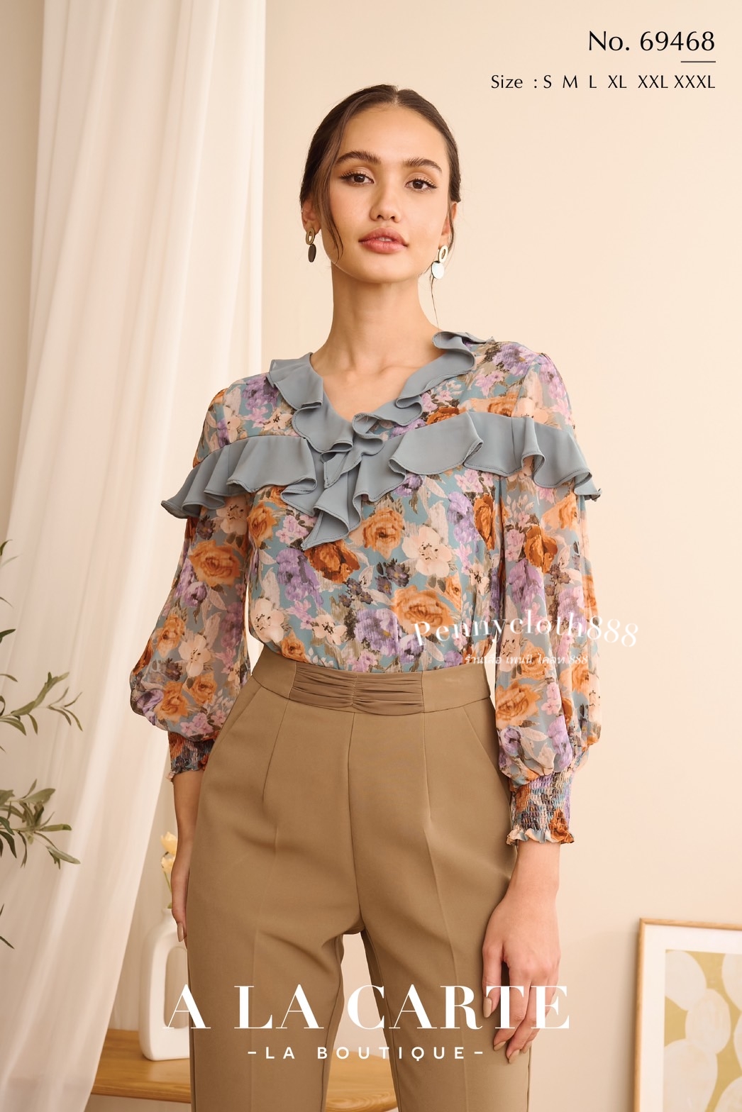 69468 เสื้อ A la carte ชีฟองพิมพ์ลายดอก คอวี แต่งระบาย แขนสม็อค สีฟ้าอมเขียว น้ำตาล ดำ