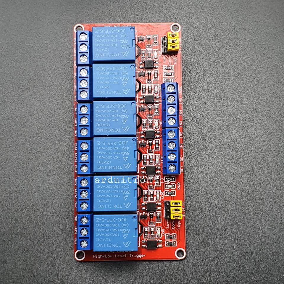 6 Channel Relay Module High/Low Level Trigger (12V) - Red PCB