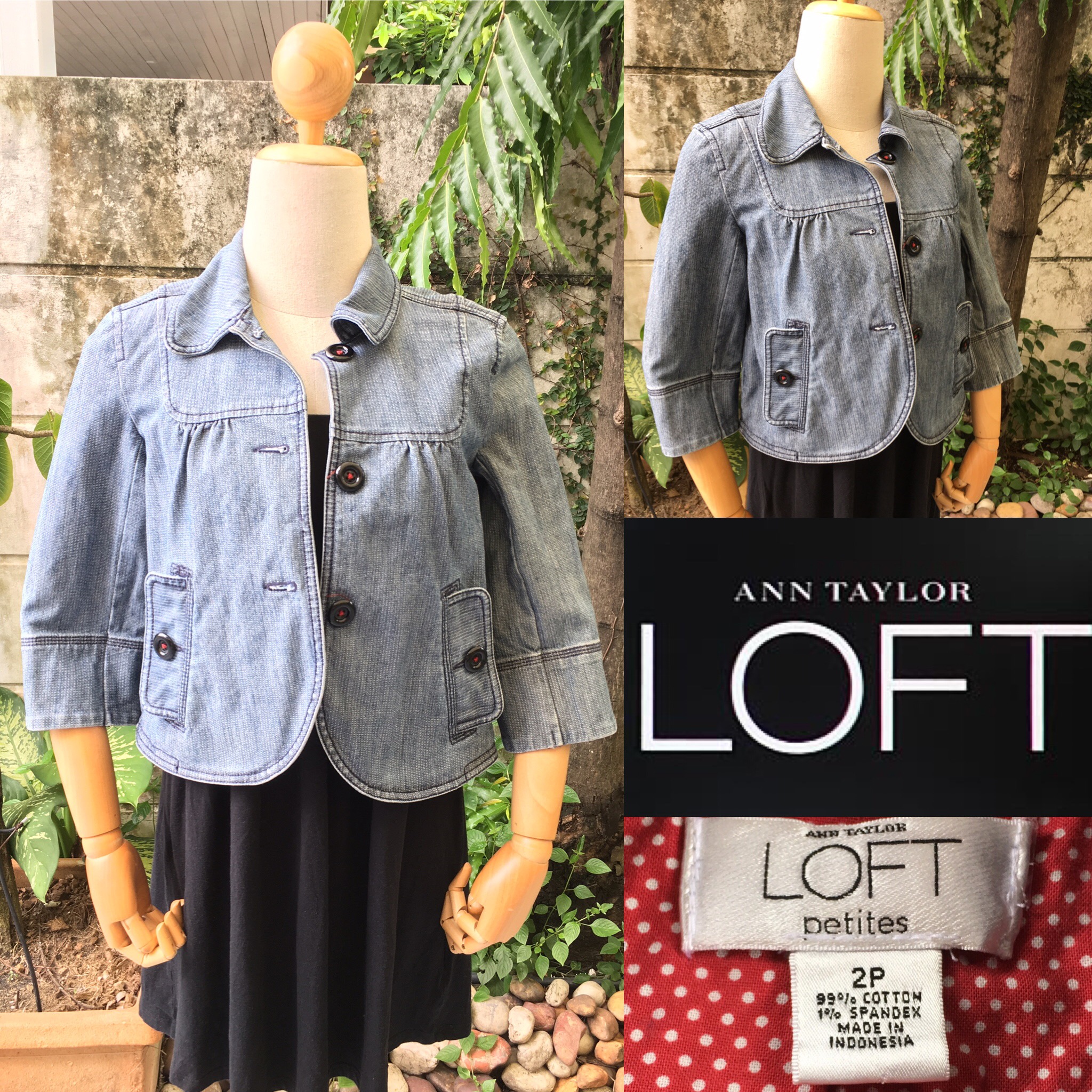 2sis1bro แบรนด์แท้ Ann Taylor Loft Petites แจ๊คเก็ตยีนส์ ปกบัว ตัวสั้น แขนสามส่วน มือสอง พร้อมส่ง sz 2P