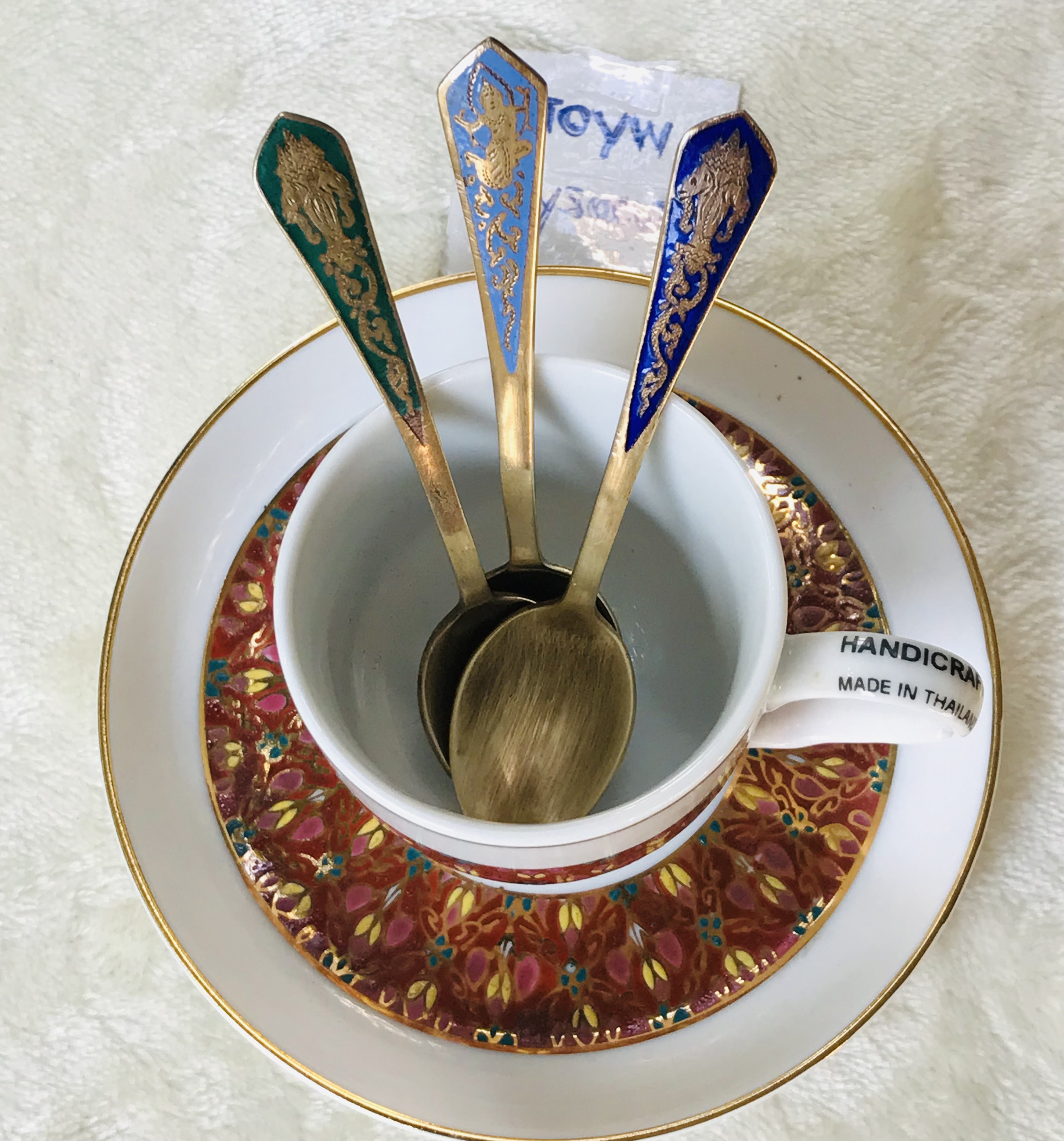 เริ่มต้นชุดละ 390 บาท Antique Brass ช้อนกาแฟทองเหลืองลงยา ช้อนขนมหวานทองเหลืองตอกลาย ขนาดยาว 10-11 ซม