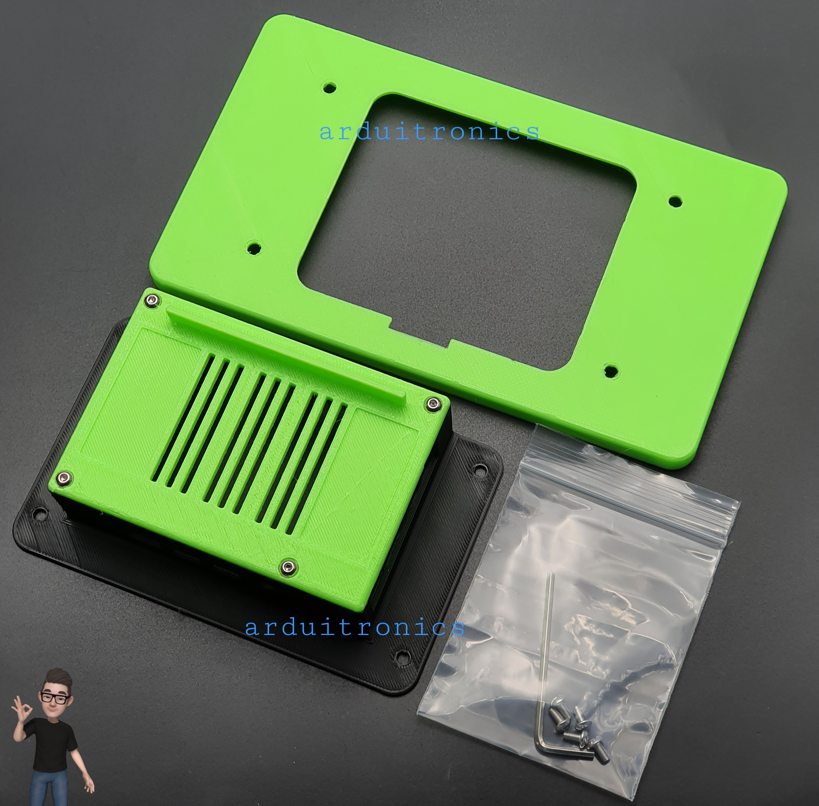 3D Printed Screen Case (Green) for Raspberry Pi Official 7 inch LCD Touchscreen