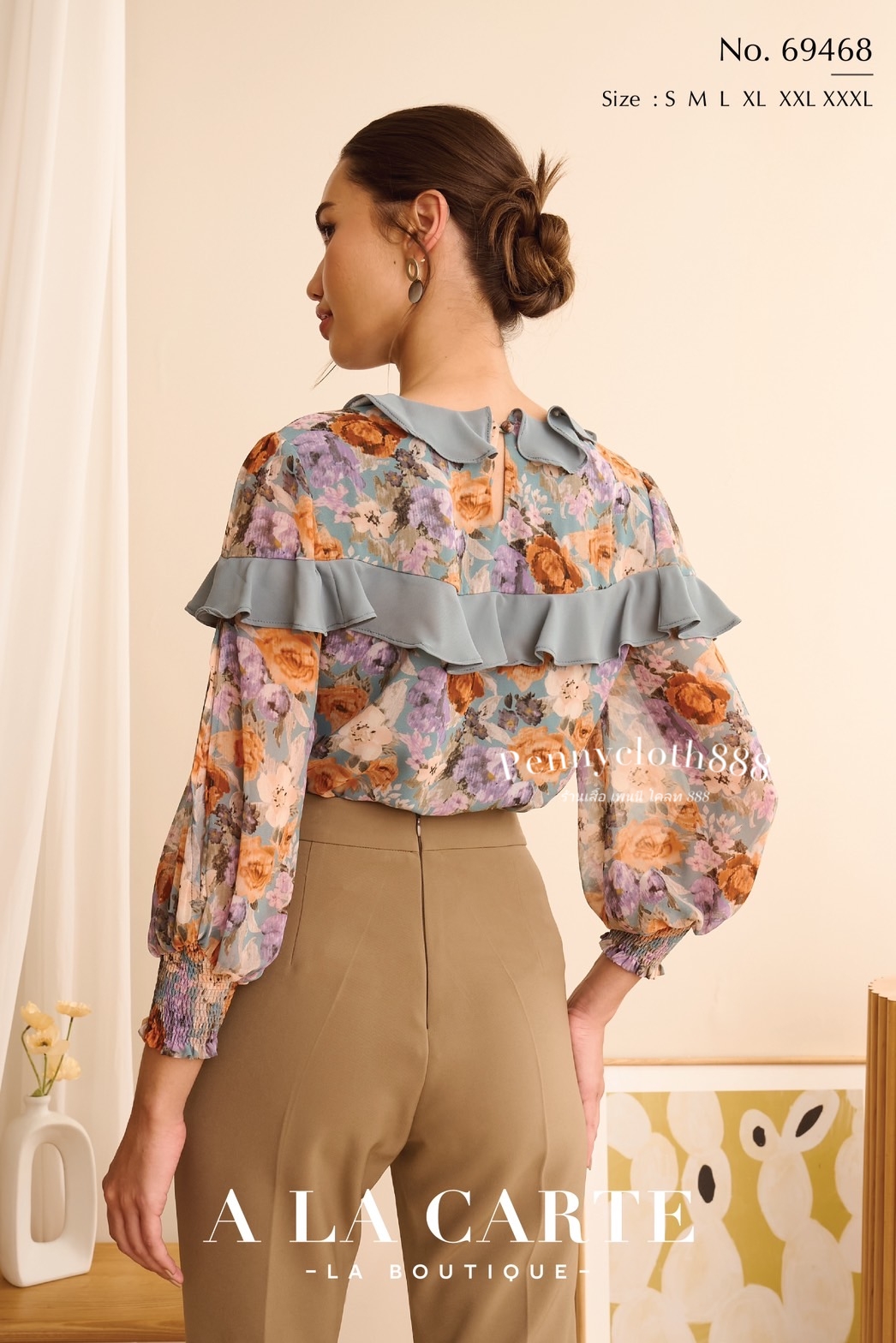 69468 เสื้อ A la carte ชีฟองพิมพ์ลายดอก คอวี แต่งระบาย แขนสม็อค สีฟ้าอมเขียว น้ำตาล ดำ