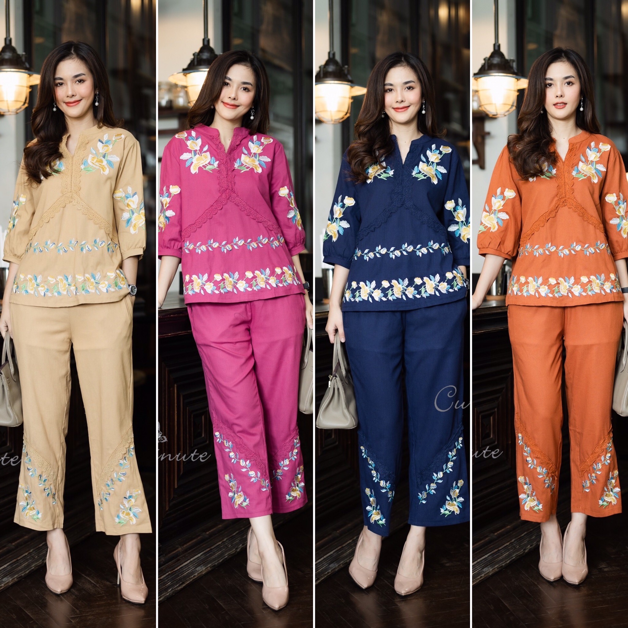 P0501 ชุดเซ็ทผ้าลินินฝ้าย เนื้อผ้านิ่ม ตกแต่งงานปักลายดอกไม้สีสดใส เเต่งลูกไม้ กางเกงมีกระเป๋าที่แต่งด้วยงานปัก อก 44 นิ้ว สีกากี กรม ส้มอิฐ
