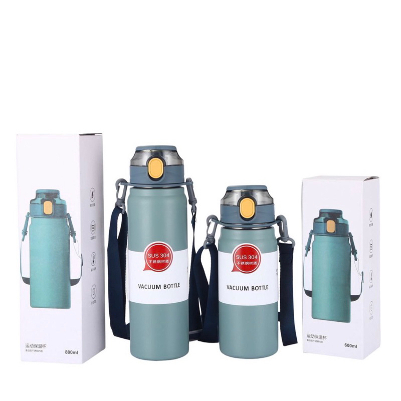 กระติกน้ำสแตนเลส 304 แท้ เก็บอุณหภูมิความร้อนความเย็น ขนาด 600ml และ 800ml มีสายสะพาย