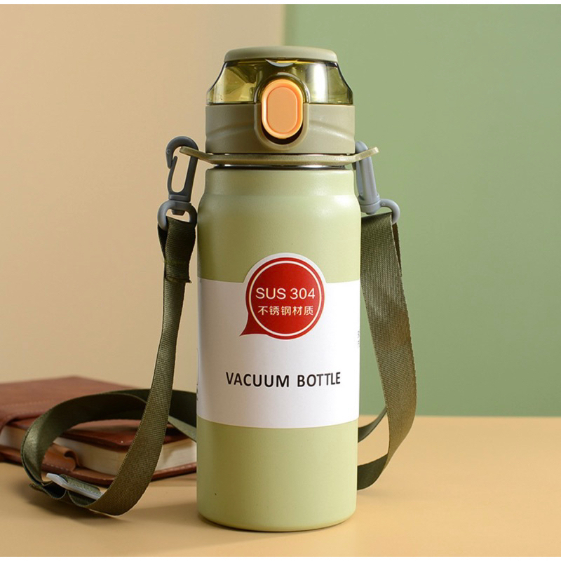 กระติกน้ำสแตนเลส 304 แท้ เก็บอุณหภูมิความร้อนความเย็น ขนาด 600ml และ 800ml มีสายสะพาย