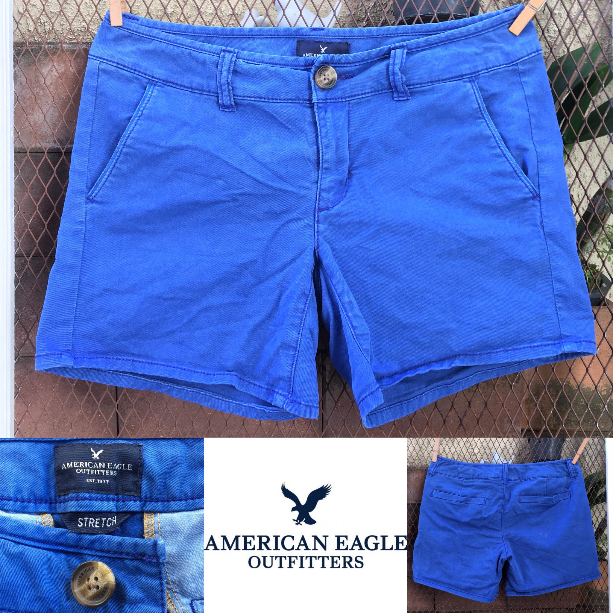 2sis1bro แบรนด์แท้ American Eagle Outfitters Stretch กางเกงขาสั้น Midi สีน้ำเงิน มือสอง พร้อมส่ง sz US2