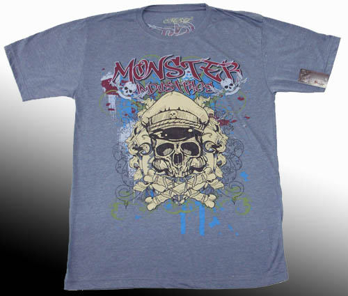 เสื้อยืดแขนสั้น ผ้าฟอกนิ่ม สีเทาน้ำเงิน Monster Factory ลายหัวกระโหลกนายพล sz M