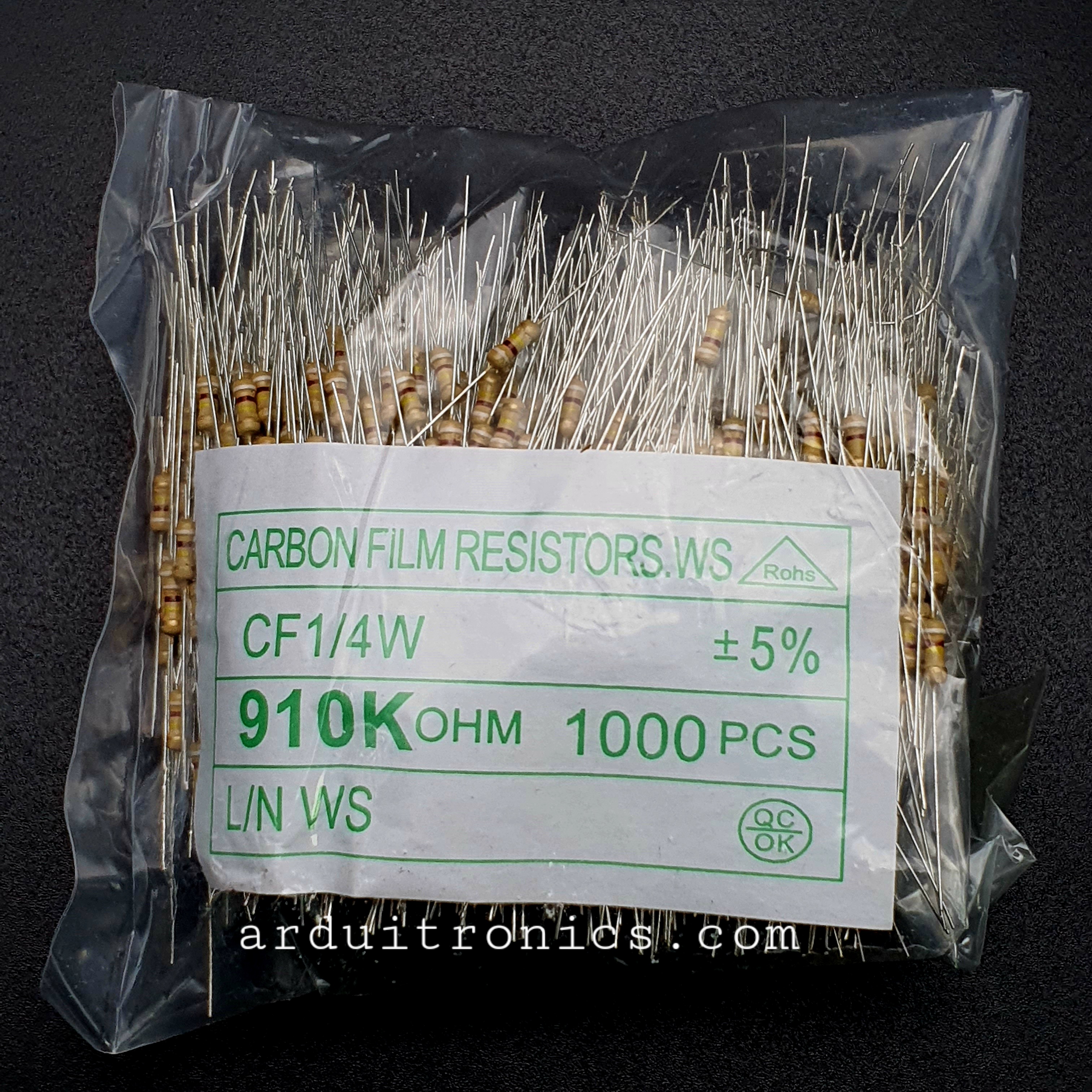 Resistor 910K Ohm (1/4 W +-5%) แพ็คละ 1000 ตัว
