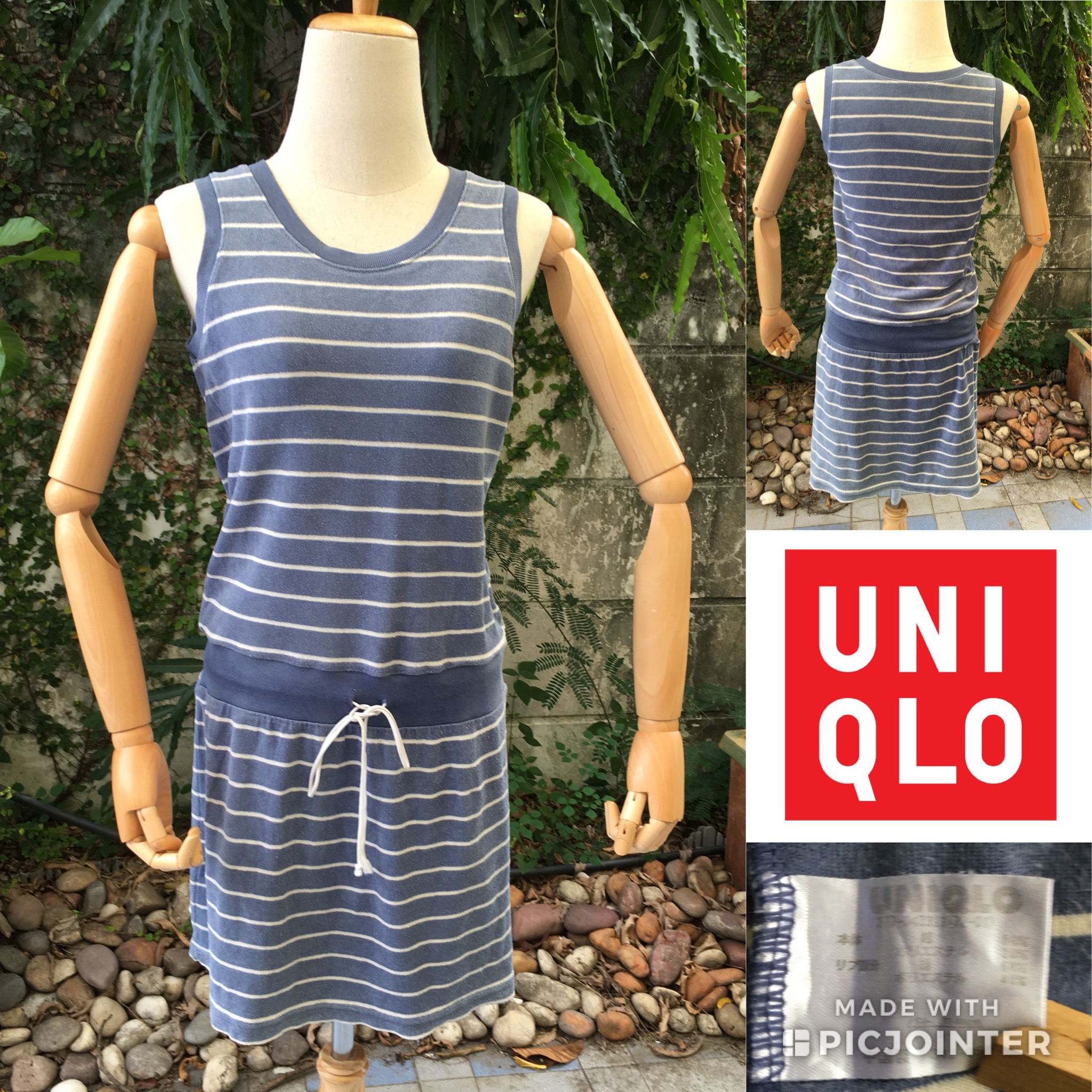 2sis1bro แบรนด์แท้ Uniqlo เดรสผ้ายืด ขนหนู ลายทาง มือสอง พร้อมส่ง sz S