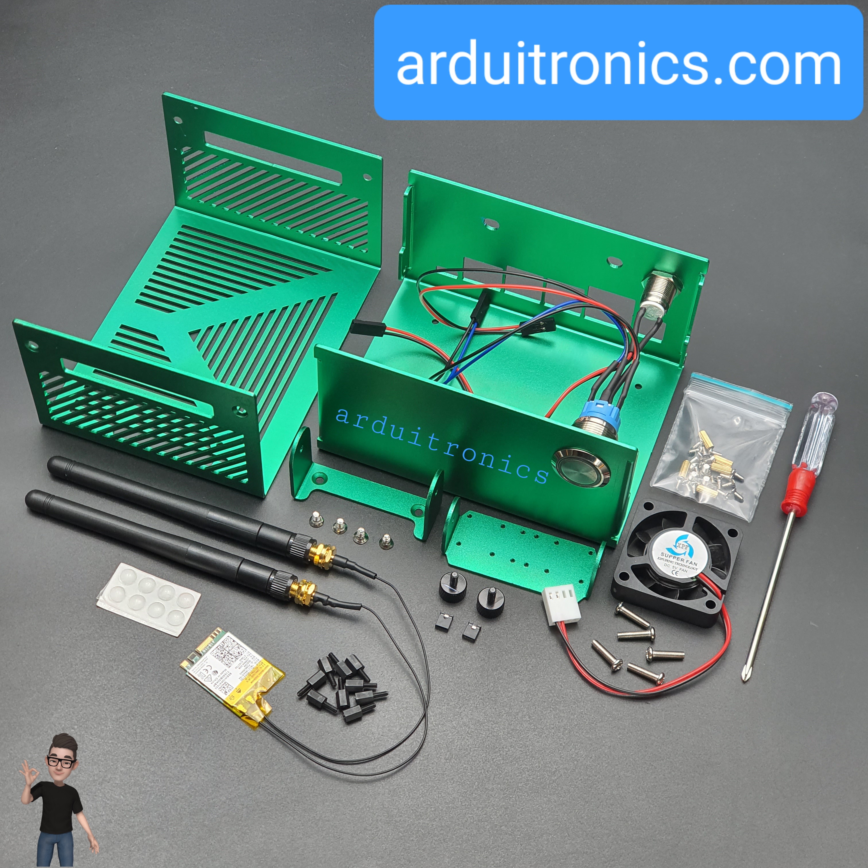 Case สำหรับ Nvidia Jetson Nano 4GB Aluminum Alloy (Green) Chassis with ชิป WiFi + Antennas + Fan