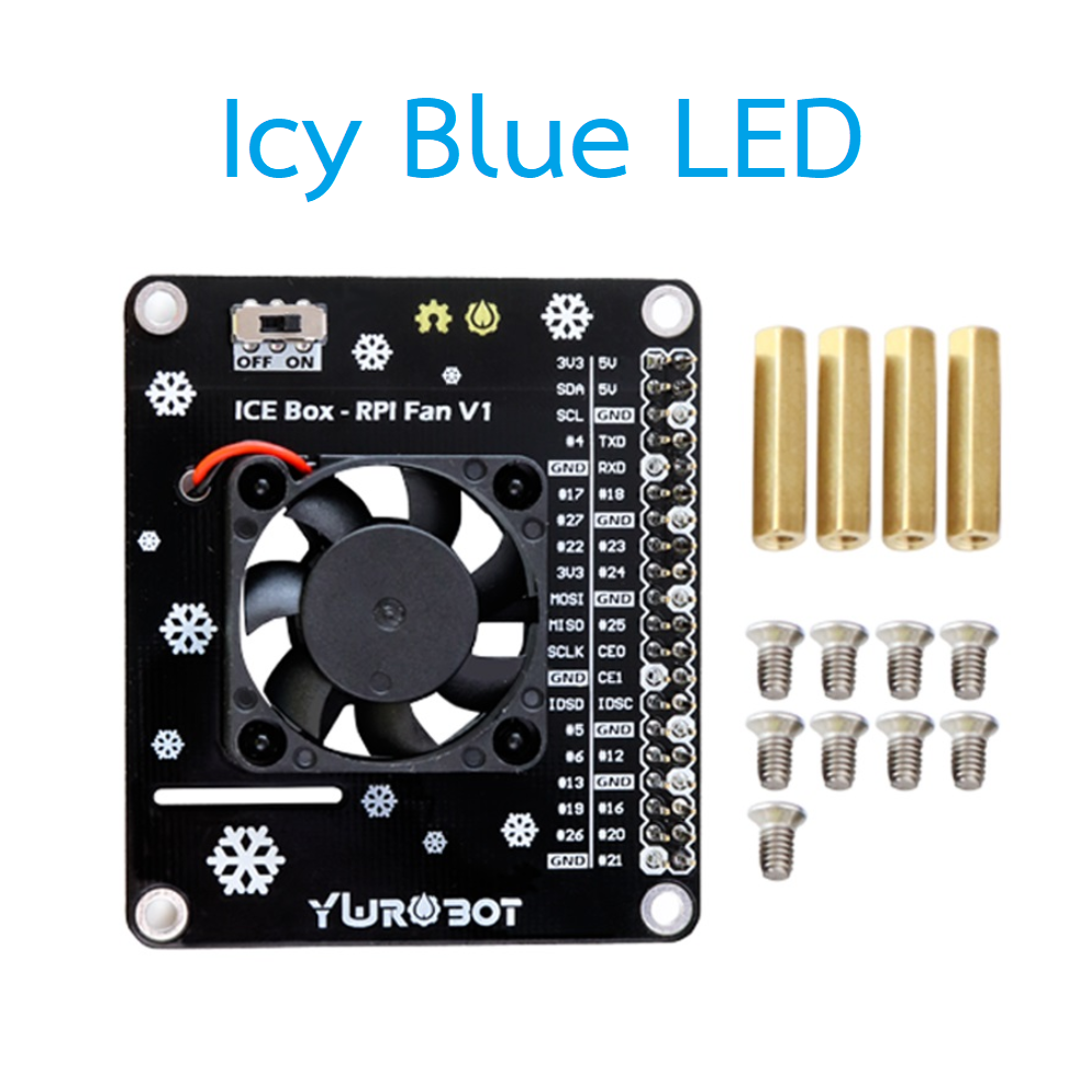 Raspberry Pi 4B/3B+ Heat Sink Fan with GPIO + on-board LED Light (Icy Blue LED)