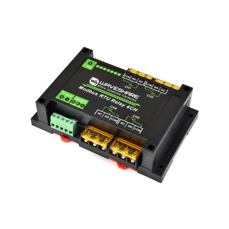 Industrial Modbus RTU 4-ch Relay Module with RS485 Interface, 30A High Current, Onboard LED Indicators, Multi Isolation Protection Circuits, Industrial Grade Rail-Mount Case (แท้ Waveshare)