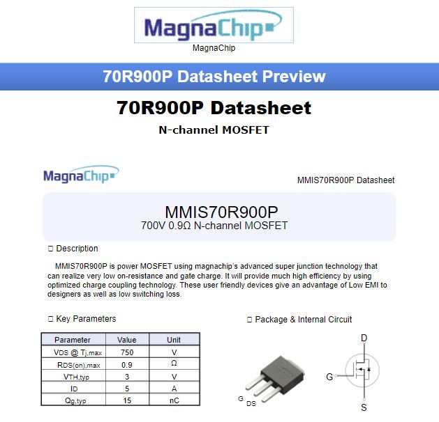 70R900P MND70R900P TO - 252 750V. 5A. ใช้แทน SVS5N70D ได้