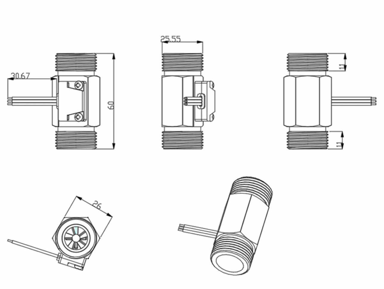 B6 เซ็นเซอร์วัดอัตราการไหลของน้ำ ทองแหลือง 3/4นิ้ว 6หุน Water Flow sensor 1-30L/min Size 60 mm