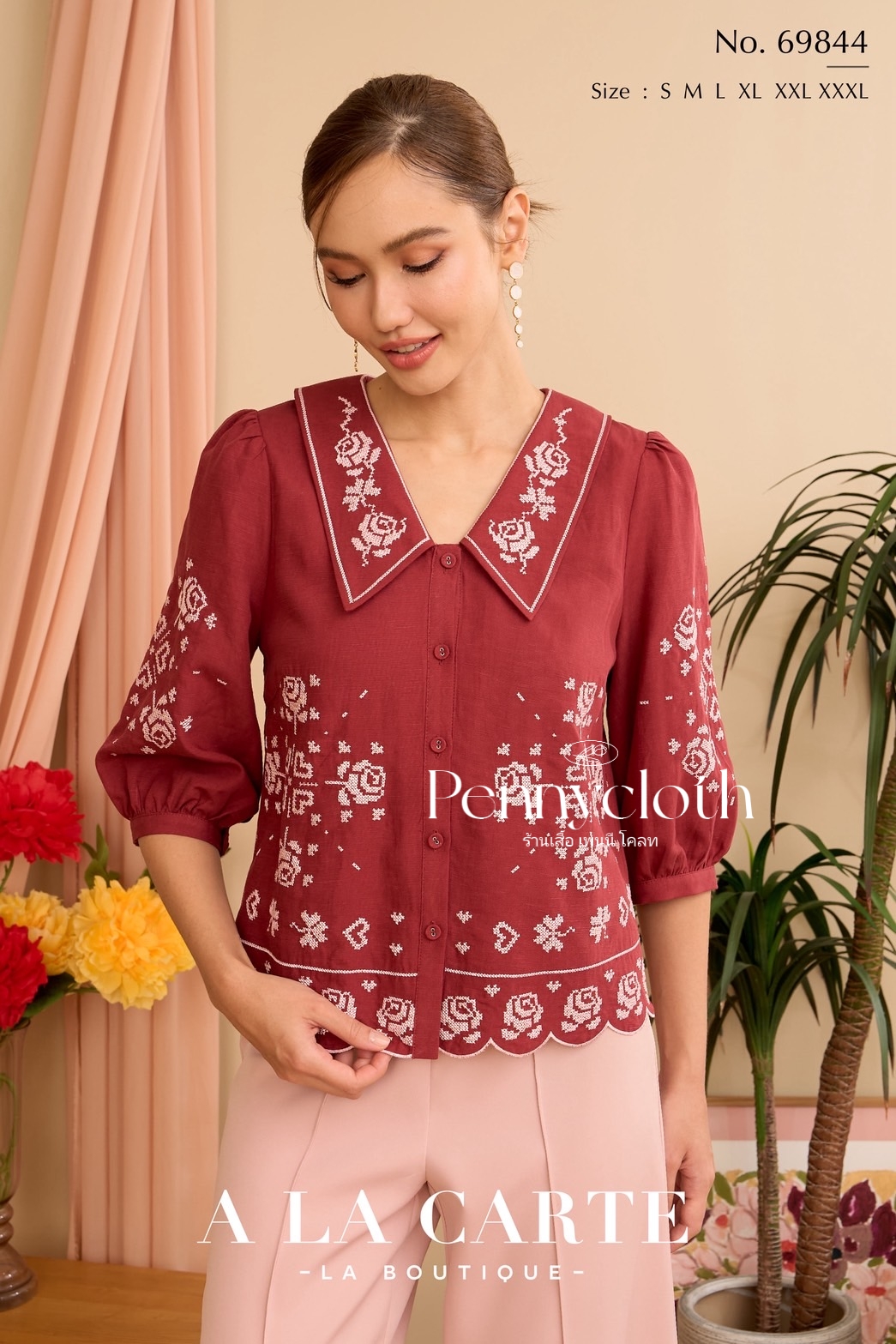 69844 เสื้อ A La Carte ปกเชิ้ตลินิน งานปักใหม่สไตล์ครอสติส สวยหรู มีซับใน แขน 3 ส่วน