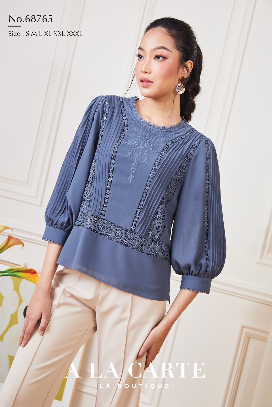 68765 เสื้อชีฟอง A LA CARTE งานปัก แทรกทริม สวยหรู มีซับใน ขนาด 3XL 46" สีขาว แดง เทา