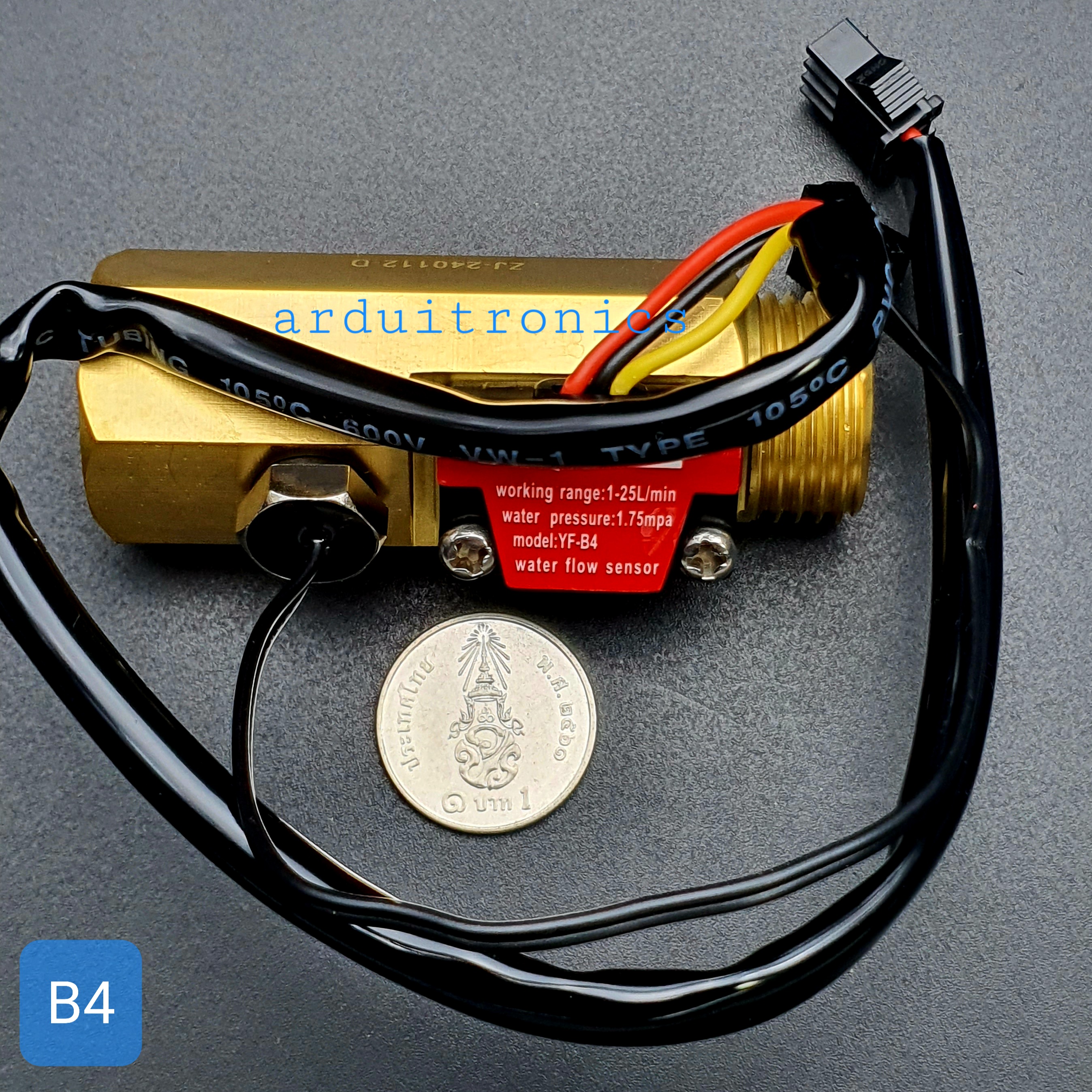 B4 เซ็นเซอร์วัดอัตราการไหลของน้ำ ทองแหลือง 3/4นิ้ว 6หุน Water Flow sensor 1-25L/min Size 60 mm With Temperature Probe