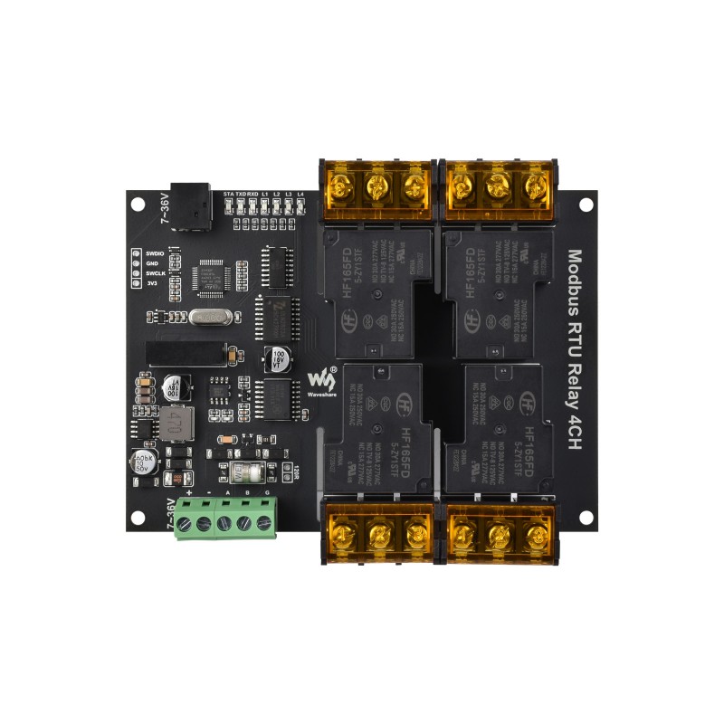 Industrial Modbus RTU 4-ch Relay Module with RS485 Interface, 30A High Current, Onboard LED Indicators, Multi Isolation Protection Circuits, Industrial Grade Rail-Mount Case (แท้ Waveshare)