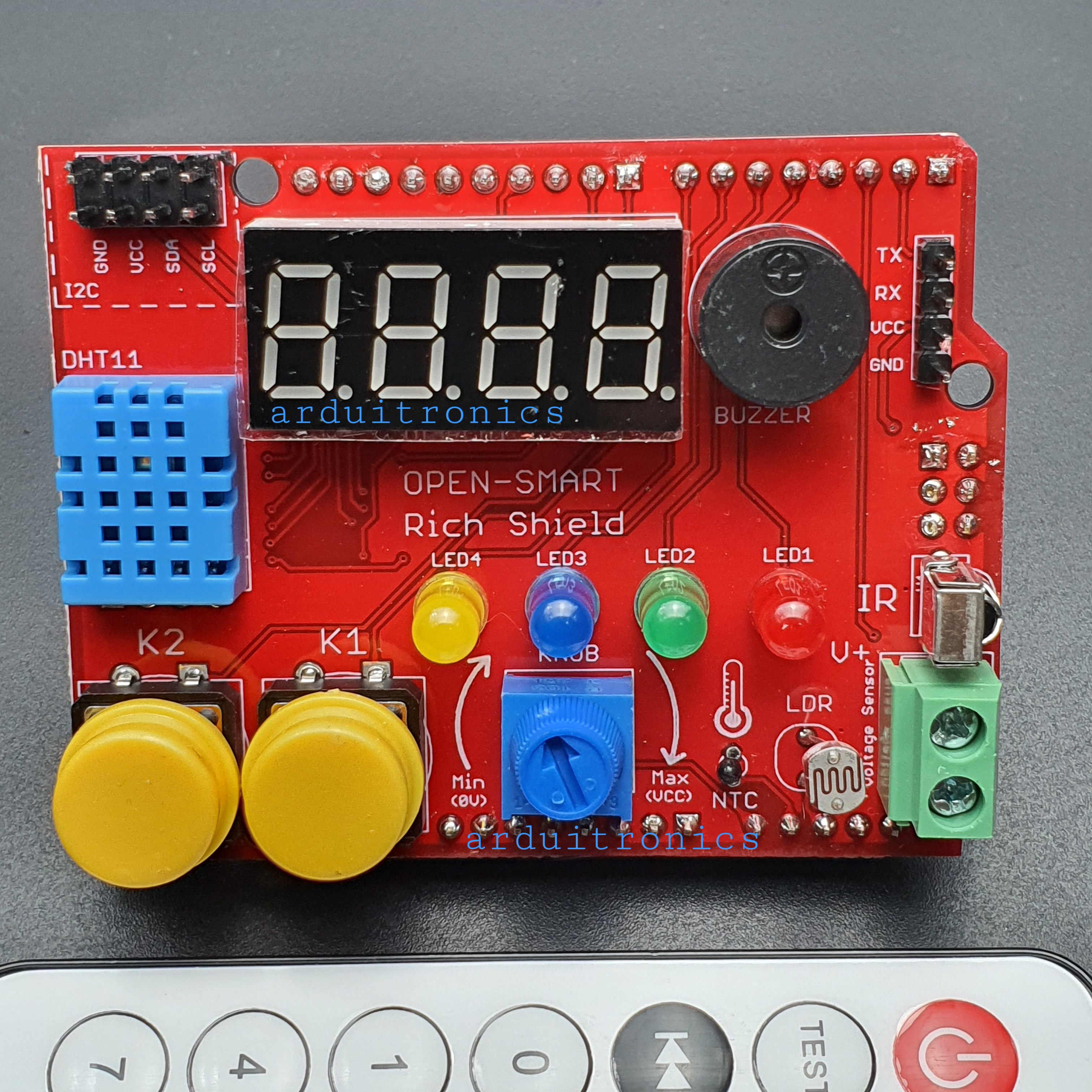 OPEN-SMART Rich Shield (Remote IR Control with receiver, LED, Buzzer, Buttons, Light Sensor, Temperature Sensor)