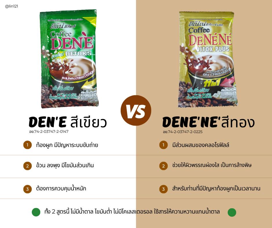 กาแฟดีเน่ ดีท็อกซ์ มี 2 สูตร สีเขียวดีท็อกซ์ และสีทองผสมโคโรฟิวส์