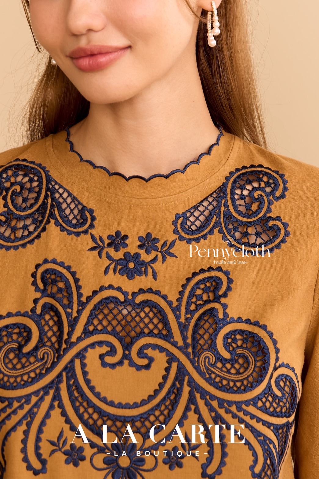 69862 เสื้อ A La Carte ลินินผสมคอตตอน งานปักฉลุ มีซับ เนื้อดีใส่สบาย by PENNY CLOTH