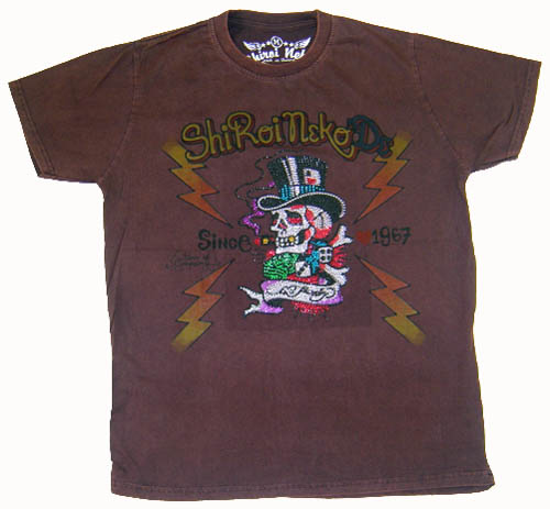 เสื้อยืดแขนสั้น ผ้าฟอกนิ่ม สีสไลด์น้ำตาล Shiroi Neko ลายกระโหลก Since 1967 เป็นคริสตัล sz M